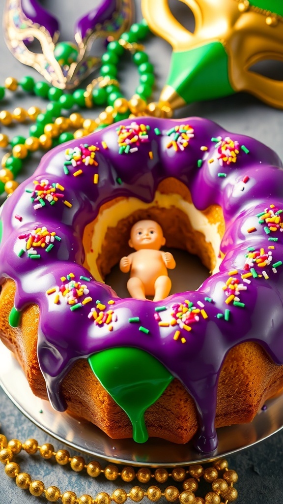 Bread Machine King Cake Dough Recipe A colorful King Cake with purple, green, and gold icing, decorated with sprinkles, set against a festive Mardi Gras background.